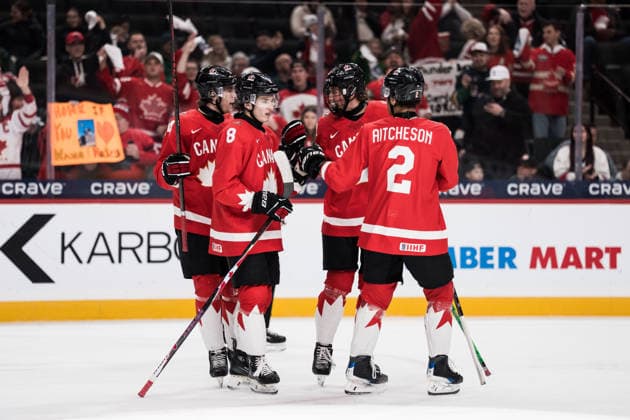 260105 Liam Greentree, Braeden Cootes, Keaton Verhoeff and Kashawn Aitcheson of Canada celebrates after 2 1 during the 2026 IIHF World Junior Championship bronze medal game between Canada and Finland on January 5, 2026 in Saint Paul Photo Joel Marklund BILDBYRAN kod JM JM0773 bbeng ishockey ice hockey jvm junior vm u20 2026 iihf world junior championship world juniors bronsmatch bronze medal game canada kanada finlandjubel celebrates finland  Copyright: JOELxMARKLUND BB260105JM008