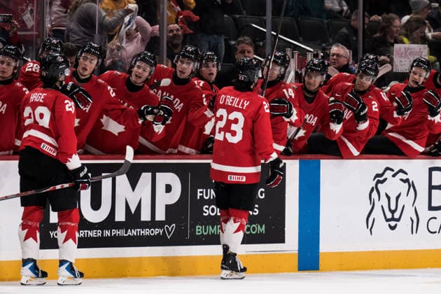 260105 Michael Hage and Sam O Reilly of Canada celebrates after 1 0 during the 2026 IIHF World Junior Championship bronze medal game between Canada and Finland on January 5, 2026 in Saint Paul Photo Joel Marklund BILDBYRAN kod JM JM0773 bbeng ishockey ice hockey jvm junior vm u20 2026 iihf world junior championship world juniors bronsmatch bronze medal game canada kanada finlandjubel celebrates finland  Copyright: JOELxMARKLUND BB260105JM010