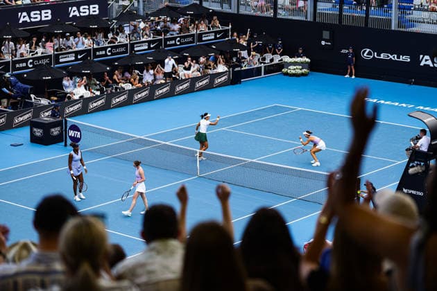 Philippines Alexandra Eala and USA™s Iva Jovic celebrate after getting a point during Round 16 Doubles Women™s ASB Classic Tennis Tournament at Manuka Doctor Arena, Auckland, New Zealand on Monday 5 January 2026. Photo: Joshua Devenie z Copyright: xx