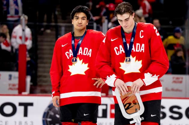 January 5, 2026, St. Paul, Mn, USA: Canada s Zayne Parekh (19), left, and Porter Martone (22) celebrate after defeating Finland for the bronze medal in the 2026 IIHF World Junior Hockey Championship, in St. Paul on Monday, Jan. 5, 2026. Canada News - January 5, 2026 - ZUMAc35_ 20260105_zaf_c35_067 Copyright: xChristopherxKatsarovx