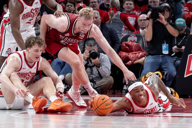 January 5, 2026, Columbus, Ohio, U.S: Ohio State Buckeyes forward Amare Bynum (1), Nebraska Cornhuskers forward Rienk Mast (51) and Ohio State Buckeyes center Christoph Tilly (13) go after a loose ball during the game between the Nebraska Cornhuskers and the Ohio State Buckeyes at Value City Arena, Columbus, Ohio. Columbus U.S - ZUMAs304 20260105_zaf_s304_033 Copyright: xScottxStuartx