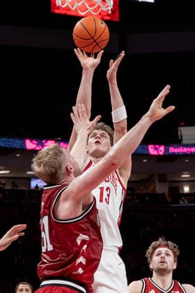 January 5, 2026, Columbus, Ohio, U.S: Ohio State Buckeyes center Christoph Tilly (13) shoots over Nebraska Cornhuskers forward Rienk Mast (51) during the game between the Nebraska Cornhuskers and the Ohio State Buckeyes at Value City Arena, Columbus, Ohio. Columbus U.S - ZUMAs304 20260105_zaf_s304_041 Copyright: xScottxStuartx