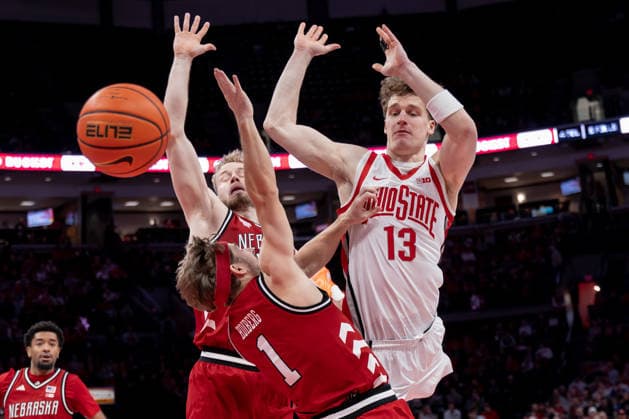January 5, 2026, Columbus, Ohio, U.S: Ohio State Buckeyes center Christoph Tilly (13) and Nebraska Cornhuskers guard Sam Hoiberg (1) go after a rebound during the game between the Nebraska Cornhuskers and the Ohio State Buckeyes at Value City Arena, Columbus, Ohio. Columbus U.S - ZUMAs304 20260105_zaf_s304_048 Copyright: xScottxStuartx