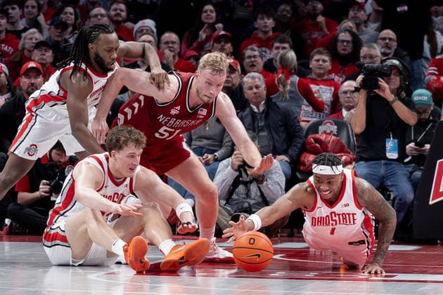 January 5, 2026, Columbus, Ohio, U.S: Ohio State Buckeyes forward Amare Bynum (1), Nebraska Cornhuskers forward Rienk Mast (51) and Ohio State Buckeyes center Christoph Tilly (13) go after a loose ball during the game between the Nebraska Cornhuskers and the Ohio State Buckeyes at Value City Arena, Columbus, Ohio. Columbus U.S - ZUMAs304 20260105_zaf_s304_049 Copyright: xScottxStuartx