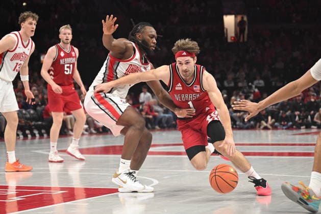 January 5, 2026: Nebraska Cornhuskers guard Sam Hoiberg (1) goes one on one with Ohio State Buckeyes guard Bruce Thornton (2) in their game in Columbus, Ohio. CSM Columbus USA - ZUMAc04_ 20260105_zma_c04_031 Copyright: xBrentxClarkx