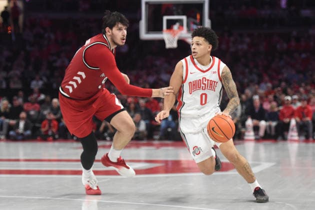 January 5, 2026: Ohio State Buckeyes guard John Mobley Jr. (0) goes one on one against Nebraska Cornhuskers forward Berke BoÂ¼yoÂ¼ktuncel (9) in their game in Columbus, Ohio. CSM Columbus USA - ZUMAc04_ 20260105_zma_c04_032 Copyright: xBrentxClarkx