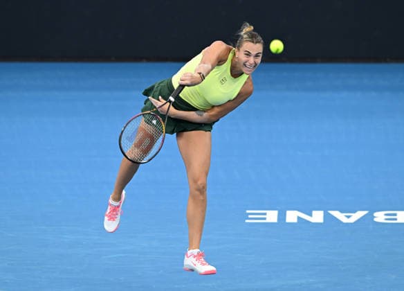 TENNIS BRISBANE INTERNATIONAL, Aryna Sabalenka of Belarus in action against Cristina Bucsa of Spain during day three of the Brisbane International tennis tournament at Pat Rafter Arena in Brisbane, Tuesday, January 6, 2026. ( NO ARCHIVING, EDITORIAL USE ONLY BRISBANE QUEENSLAND AUSTRALIA  Copyright: xDARRENxENGLANDx 20260106157323478249