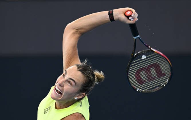 TENNIS BRISBANE INTERNATIONAL, Aryna Sabalenka of Belarus in action against Cristina Bucsa of Spain during day three of the Brisbane International tennis tournament at Pat Rafter Arena in Brisbane, Tuesday, January 6, 2026. ( NO ARCHIVING, EDITORIAL USE ONLY BRISBANE QUEENSLAND AUSTRALIA  Copyright: xDARRENxENGLANDx 20260106180213880846