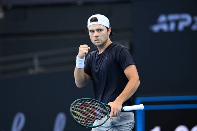 TENNIS BRISBANE INTERNATIONAL, Aleksandar Kovacevic of the USA celebrates against Nick Kyrgios of Australia during day three of the Brisbane International tennis tournament at Pat Rafter Arena in Brisbane, Tuesday, January 6, 2026. ( NO ARCHIVING, EDITORIAL USE ONLY BRISBANE QUEENSLAND AUSTRALIA  Copyright: xDARRENxENGLANDx 20260106166950167260