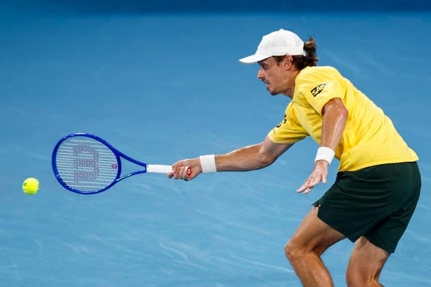 TENNIS UNITED CUP SYDNEY, Alex de Minaur of Team Australia plays a forehand in his Group D singles match against Jakub Mensik of Team Czechia during day five of the 2026 United Cup at Ken Rosewall Arena in Sydney, Tuesday, January 6, 2026. ( NO ARCHIVING, EDITORIAL USE ONLY SYDNEY NEW SOUTH WALES AUSTRALIA  Copyright: xMARKxEVANSx 20260106139091550135