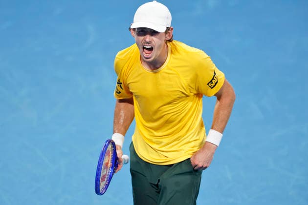 TENNIS UNITED CUP SYDNEY, Alex de Minaur of Team Australia celebrates winning a game in his Group D singles match against Jakub Mensik of Team Czechia during day five of the 2026 United Cup at Ken Rosewall Arena in Sydney, Tuesday, January 6, 2026. ( NO ARCHIVING, EDITORIAL USE ONLY SYDNEY NEW SOUTH WALES AUSTRALIA  Copyright: xMARKxEVANSx 20260106139346845431