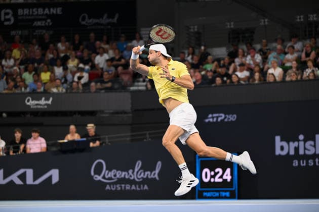 TENNIS BRISBANE INTERNATIONAL, Grigor Dimitrov of Bulgaria in action against Pablo Carreno Busta of Spain during day three of the Brisbane International tennis tournament at Pat Rafter Arena in Brisbane, Tuesday, January 6, 2026. ( NO ARCHIVING, EDITORIAL USE ONLY BRISBANE QUEENSLAND AUSTRALIA  Copyright: xZAINxMOHAMMEDx 20260106144706307339