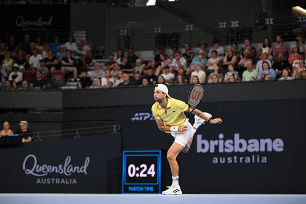 TENNIS BRISBANE INTERNATIONAL, Grigor Dimitrov of Bulgaria in action against Pablo Carreno Busta of Spain during day three of the Brisbane International tennis tournament at Pat Rafter Arena in Brisbane, Tuesday, January 6, 2026. ( NO ARCHIVING, EDITORIAL USE ONLY BRISBANE QUEENSLAND AUSTRALIA  Copyright: xZAINxMOHAMMEDx 20260106176168431302