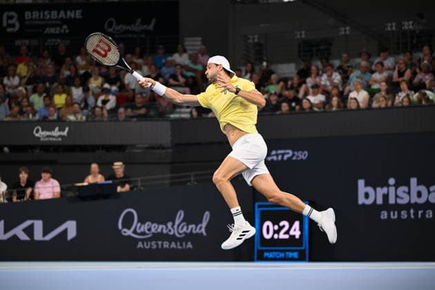 TENNIS BRISBANE INTERNATIONAL, Grigor Dimitrov of Bulgaria in action against Pablo Carreno Busta of Spain during day three of the Brisbane International tennis tournament at Pat Rafter Arena in Brisbane, Tuesday, January 6, 2026. ( NO ARCHIVING, EDITORIAL USE ONLY BRISBANE QUEENSLAND AUSTRALIA  Copyright: xZAINxMOHAMMEDx 20260106198333293715