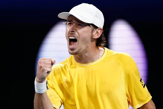 TENNIS UNITED CUP SYDNEY, Alex de Minaur of Team Australia celebrates winning a point in his Group D singles match against Jakub Mensik of Team Czechia during day five of the 2026 United Cup at Ken Rosewall Arena in Sydney, Tuesday, January 6, 2026. ( NO ARCHIVING, EDITORIAL USE ONLY SYDNEY NEW SOUTH WALES AUSTRALIA  Copyright: xMARKxEVANSx 20260106190849411343