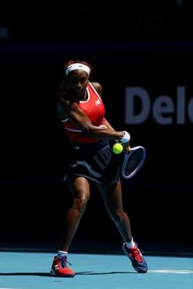 PERTH, AUSTRALIA - JANUARY 05: Coco Gauff of Team USA returns a shot in the Group A Women s Singles match against Jessica Bouzas Maneiro of Team Spain on day 4 of the 2026 United Cup at RAC Arena on January 5, 2026 in Perth, Australia.  Copyright: xVCGx 111613399324