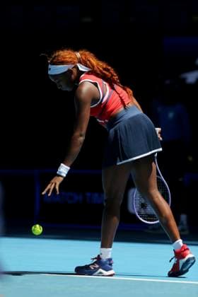 PERTH, AUSTRALIA - JANUARY 05: Coco Gauff of Team USA reacts in the Group A Women s Singles match against Jessica Bouzas Maneiro of Team Spain on day 4 of the 2026 United Cup at RAC Arena on January 5, 2026 in Perth, Australia.  Copyright: xVCGx 111613399332