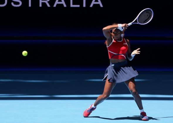 PERTH, AUSTRALIA - JANUARY 05: Coco Gauff of Team USA returns a shot in the Group A Women s Singles match against Jessica Bouzas Maneiro of Team Spain on day 4 of the 2026 United Cup at RAC Arena on January 5, 2026 in Perth, Australia.  Copyright: xVCGx 111613399390
