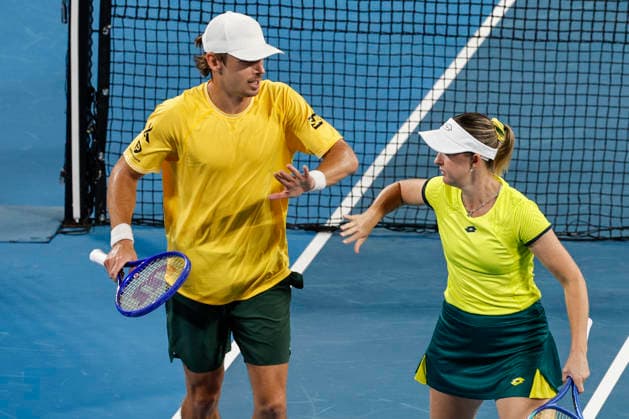 TENNIS UNITED CUP SYDNEY, Alex de Minaur of Team Australia celebrate a point with Storm Hunter of Team Australia in their Group D doubles match against Miriam Skoch of Team Czechia and Dalibor Svrcina of Team Czechiaduring day five of the 2026 United Cup at Ken Rosewall Arena in Sydney, Tuesday, January 6, 2026. ( NO ARCHIVING, EDITORIAL USE ONLY SYDNEY NEW SOUTH WALES AUSTRALIA  Copyright: xMARKxEVANSx 20260106137004135336