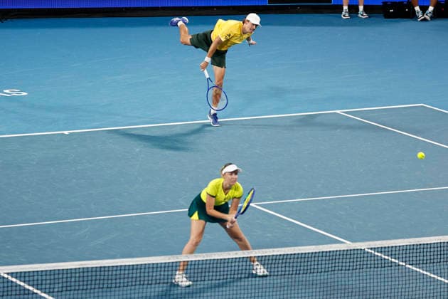 TENNIS UNITED CUP SYDNEY, Storm Hunter of Team Australia playing with Alex de Minaur of Team Australia in action during their Group D doubles match against Miriam Skoch of Team Czechia and Dalibor Svrcina of Team Czechia during day five of the 2026 United Cup at Ken Rosewall Arena in Sydney, Tuesday, January 6, 2026. ( NO ARCHIVING, EDITORIAL USE ONLY SYDNEY NEW SOUTH WALES AUSTRALIA  Copyright: xMARKxEVANSx 20260106171100422350