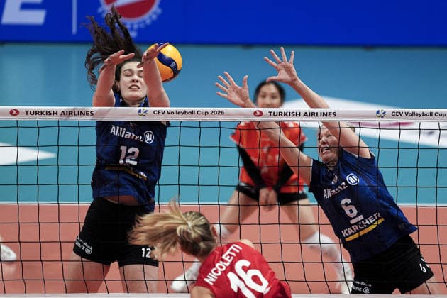Turkish Airlines v Allianz MTV - CEV Women’s Volleyball Cup ISTANBUL, TURKIYE - JANUARY 6: Anna Nicoletti (16) of Turkish Airlines in action against Lucia Varela Gomez (12) of Allianz MTV during the first leg match of the CEV Women’s Volleyball Cup round of 16 between Turkish Airlines and Allianz MTV at the Burhan Felek Volleyball Hall in Istanbul, Turkiye on January 6, 2026. Arife Karakum Anadolu Istanbul Turkey. Editorial use only. Please get in touch for any other usage.  Copyright: x2026xAnadoluxArifexKarakumx
