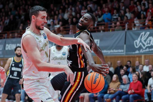 In the picture from left Boris Bojanovsky Patrioti Levice, 15 against Eddy Edigin Wuerzburg Baskets, 27 06 01 2026, Fitness First Wuerzburg Baskets vs Patrioti Levice, Basketball Champions League, Play Ins, Game 1, Germany, 97072, tectake Arena Wuerzburg, Copyright: HMBxMedia xJulienxBecker