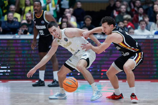 In the picture from left Novak Music Patrioti Levice, 8 against Brae Ivey Wuerzburg Baskets, 11 06 01 2026, Fitness First Wuerzburg Baskets vs Patrioti Levice, Basketball Champions League, Play Ins, Game 1, Germany, 97072, tectake Arena Wuerzburg, Copyright: HMBxMedia xJulienxBecker