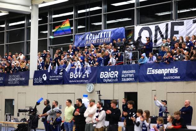 Fan scene with cheering spectators and camera team in the GBG Halle am Herzogenried Basketball Champions League MLP Academics Heidelberg - ERA Basketball Nymburk fan scene in the GBG Halle Copyright: xspeedshotx