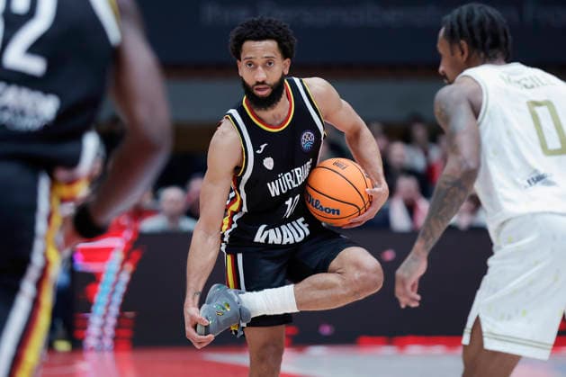 In the picture Davion Mintz Wuerzburg Baskets, 10 06 01 2026, Fitness First Wuerzburg Baskets vs Patrioti Levice, Basketball Champions League, Play Ins, Game 1, Germany, 97072, tectake Arena Wuerzburg, Copyright: HMBxMedia xJulienxBecker