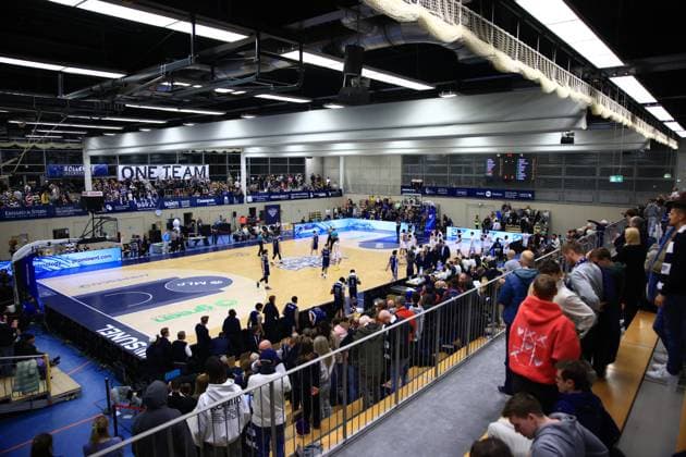Scene with players from MLP Academics Heidelberg and Basketball Nymburg on the court in the Basketball Champions League hall MLP Academics Heidelberg - ERA Basketball Nymburk Game scene with MLP Academics Heidelberg and Basketball Nymburg Copyright: xspeedshotx