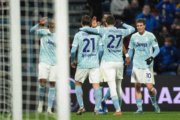 Juventus™ Fabio Miretti and Juventus Andrea Cambiaso celebrate with Juventus Pierre Kalulu after own goal of Sassuolo™s Tarik Muharemovic 0-1 during the Serie A soccer match between Sassuolo and Juventus at the Mapei Stadium CittÃ del Tricolore in Reggio Emilia, north Italy - Tuesday, January 6, 2026 - - Soccer -  Copyright: xMassimoxPaolone LaPressex