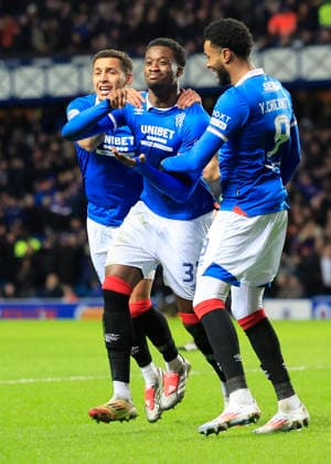 Rangers v Aberdeen William Hill Premiership Emmanuel Fernandez of Rangers (middle) celebrates scoring his teams first goal with team mates during the William Hill Premiership match at Ibrox Stadium, Glasgow 06 01 2026 UK Newspapers OUT Copyright: xFredxPalmerx FIL-22753-0083