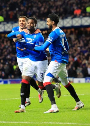 Rangers v Aberdeen William Hill Premiership Emmanuel Fernandez of Rangers (middle) celebrates scoring his teams first goal with team mates during the William Hill Premiership match at Ibrox Stadium, Glasgow 06 01 2026 UK Newspapers OUT Copyright: xFredxPalmerx FIL-22753-0084