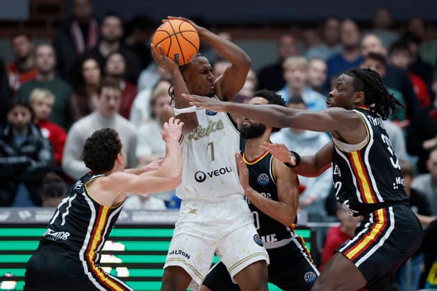 f l t r Brae Ivey Fitness First Wuerzburg Baskets, 11 , Gabe Dorse Patrioti Levice, 7 , Davion Mintz Fitness First Wuerzburg Baskets, 10 and Charles Thompson Fitness First Wuerzburg Baskets, 32 , 06 01 2026, Basketball Champions League, Fitness First Wuerzburg Baskets vs Patrioti Levice, GER, Wuerzburg, Tectake Arena Copyright: HMBxMedia xHeikoxBecker