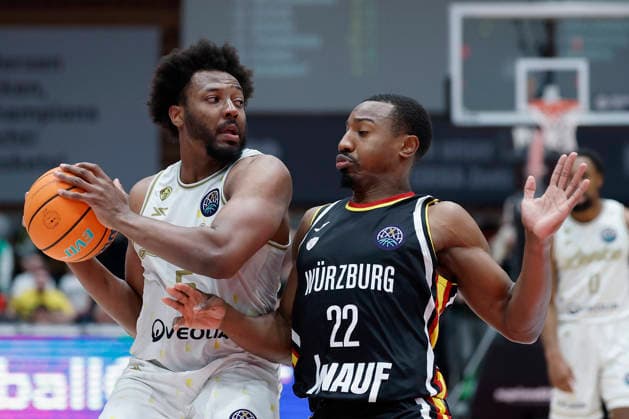 f l t r Andre Wesson Jr Patrioti Levice, 5 and Johnathan Stove Fitness First Wuerzburg Baskets, 22 , 06 01 2026, Basketball Champions League, Fitness First Wuerzburg Baskets vs Patrioti Levice, GER, Wuerzburg, Tectake Arena Copyright: HMBxMedia xHeikoxBecker