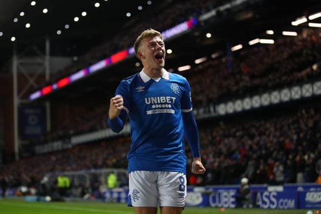 Connor Barron of Rangers celebrates after Nicolas Raskin scored the second goal during the William Hill Scottish Premiership match at Ibrox Stadium, Glasgow. Rangers v Aberdeen - William Hill Scottish Premiership - Ibrox Stadium, Glasgow, Lanarkshire, Scotland, UK - 06 Jan 2026Glasgow Ibrox Lanarkshire United Kingdom EDITORIAL USE ONLY  Copyright: xO Rourke RangersxFC Shutterstockx 16236630z