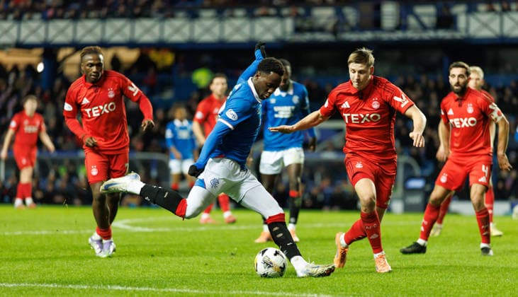 06.01.2026 Rangers v Aberdeen: Djeidi Gassama steadies himself for a shot in the Aberdeen box  Copyright: xWilliexVassx NINTCHDBPICT001049820153