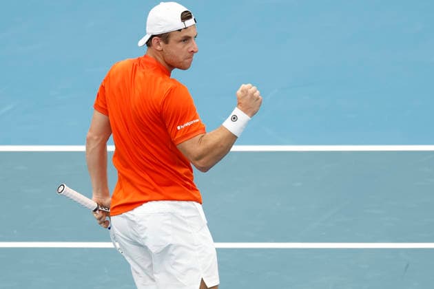 TENNIS UNITED CUP SYDNEY, Tallon Griekspoor of Team Netherlands celebrates a point in his Group F singles match against Hubert Hurkacz of team Poland during day six of the 2026 United Cup at Ken Rosewall Arena in Sydney, Wednesday, January 7, 2026. ( NO ARCHIVING, EDITORIAL USE ONLY SYDNEY NEW SOUTH WALES AUSTRALIA  Copyright: xMARKxEVANSx 20260107167530556680