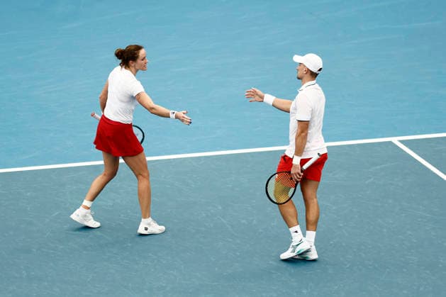 TENNIS UNITED CUP SYDNEY, Jan Zielinski of team Poland playing with Katarzyna Kawa of team Poland celebrates a point in their Group F doubles match against Demi Schuurs of Team Netherlands and David Pel of Team Netherlands during day six of the 2026 United Cup at Ken Rosewall Arena in Sydney, Wednesday, January 7, 2026. ( NO ARCHIVING, EDITORIAL USE ONLY SYDNEY NEW SOUTH WALES AUSTRALIA  Copyright: xMARKxEVANSx 20260107126745513765