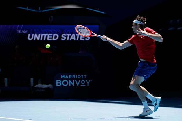TENNIS UNITED CUP PERTH, Taylor Fritz of the USA in action against Stefanos Tsitsipas of Greece during the United Cup quarter-final match between Greece and the USA at RAC Arena in Perth, Wednesday, January 7, 2026. ( NO ARCHIVING, EDITORIAL USE ONLY PERTH Western Australia Australia  Copyright: xRICHARDxWAINWRIGHTx 20260107172345679719