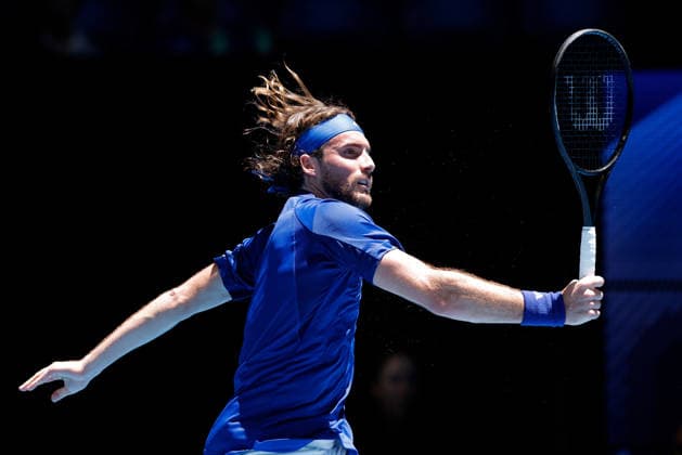 TENNIS UNITED CUP PERTH, Stefanos Tsitsipas of Greece in action against Taylor Fritz of the USA during the United Cup quarter-final match between Greece and the USA at RAC Arena in Perth, Wednesday, January 7, 2026. ( NO ARCHIVING, EDITORIAL USE ONLY PERTH Western Australia Australia  Copyright: xRICHARDxWAINWRIGHTx 20260107143340795690