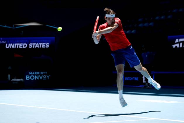 TENNIS UNITED CUP PERTH, Taylor Fritz of the USA in action against Stefanos Tsitsipas of Greece during the United Cup quarter-final match between Greece and the USA at RAC Arena in Perth, Wednesday, January 7, 2026. ( NO ARCHIVING, EDITORIAL USE ONLY PERTH Western Australia Australia  Copyright: xRICHARDxWAINWRIGHTx 20260107192466452507
