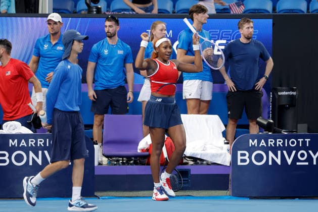 TENNIS UNITED CUP PERTH, Coco Gauff of the USA celebrates after winning the quarter-final doubles match between Greece and the USA at RAC Arena in Perth, Wednesday, January 7, 2026. ( NO ARCHIVING, EDITORIAL USE ONLY PERTH Western Australia Australia  Copyright: xRICHARDxWAINWRIGHTx 20260107182613013256