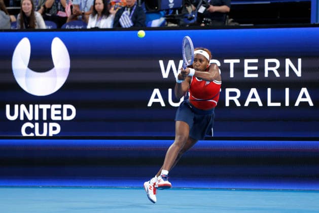 TENNIS UNITED CUP PERTH, Coco Gauff of the USA in action during the United Cup quarter-final doubles match between Greece and the USA at RAC Arena in Perth, Wednesday, January 7, 2026. ( NO ARCHIVING, EDITORIAL USE ONLY PERTH Western Australia Australia  Copyright: xRICHARDxWAINWRIGHTx 20260107132655487623