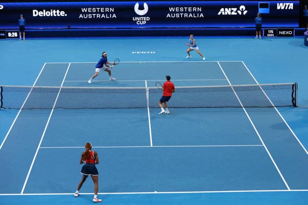 TENNIS UNITED CUP PERTH, Maria Sakkari and Stefanos Tsitsipas of Greece in action against Coco Gauff and Christian Harrison of the USA during the United Cup quarter-final doubles match between Greece and the USA at RAC Arena in Perth, Wednesday, January 7, 2026. ( NO ARCHIVING, EDITORIAL USE ONLY PERTH Western Australia Australia  Copyright: xRICHARDxWAINWRIGHTx 20260107154290454246