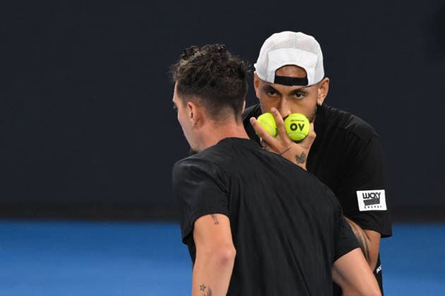 TENNIS BRISBANE INTERNATIONAL, Nick Kyrgios (R) and Thanasi Kokkinakis (L) of Australia in action during their doubles match against Sadio Doumbia and Fabien Reboul of France during day four of the Brisbane International tennis tournament at Pat Rafter Arena in Brisbane, Wednesday, January 7, 2026. ( NO ARCHIVING, EDITORIAL USE ONLY BRISBANE QUEENSLAND AUSTRALIA  Copyright: xZAINxMOHAMMEDx 20260107143173864015