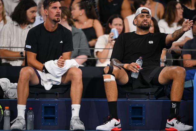 TENNIS BRISBANE INTERNATIONAL, Nick Kyrgios (R) and Thanasi Kokkinakis (L) of Australia react during their doubles match against Sadio Doumbia and Fabien Reboul of France during day four of the Brisbane International tennis tournament at Pat Rafter Arena in Brisbane, Wednesday, January 7, 2026. ( NO ARCHIVING, EDITORIAL USE ONLY BRISBANE QUEENSLAND AUSTRALIA  Copyright: xZAINxMOHAMMEDx 20260107133362644403