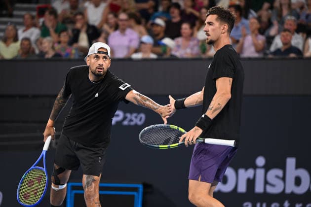 TENNIS BRISBANE INTERNATIONAL, Nick Kyrgios (L) and Thanasi Kokkinakis (R) of Australia in action during their doubles match against Sadio Doumbia and Fabien Reboul of France during day four of the Brisbane International tennis tournament at Pat Rafter Arena in Brisbane, Wednesday, January 7, 2026. ( NO ARCHIVING, EDITORIAL USE ONLY BRISBANE QUEENSLAND AUSTRALIA  Copyright: xZAINxMOHAMMEDx 20260107181609548454