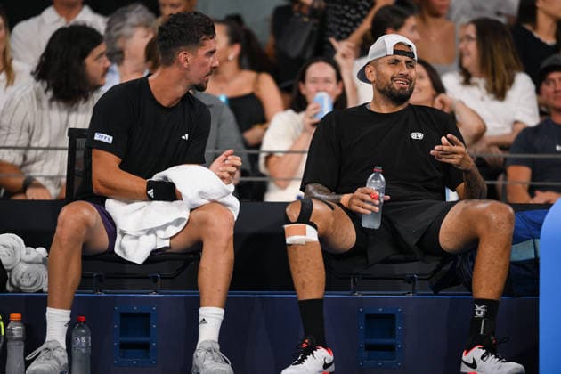 TENNIS BRISBANE INTERNATIONAL, Nick Kyrgios (R) and Thanasi Kokkinakis (L) of Australia react during their doubles match against Sadio Doumbia and Fabien Reboul of France during day four of the Brisbane International tennis tournament at Pat Rafter Arena in Brisbane, Wednesday, January 7, 2026. ( NO ARCHIVING, EDITORIAL USE ONLY BRISBANE QUEENSLAND AUSTRALIA  Copyright: xZAINxMOHAMMEDx 20260107192963152514