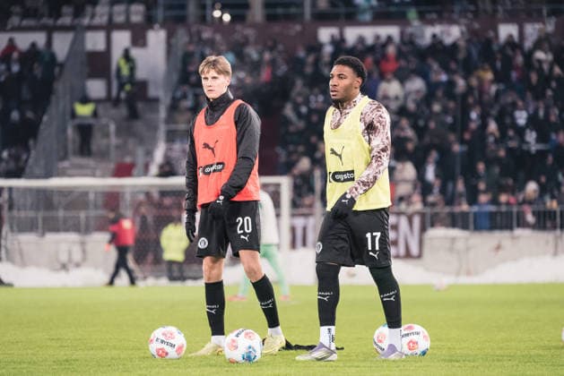 Soccer, Season 2025 26, Friendly match, FC St Pauli SV Werder Bremen, Millerntor Stadion Hamburg , 04 01 2026 Erik Ahlstrand 20, FCSP , Oladapo Joshua Afolayan 17, FCSP Hamburg Germany